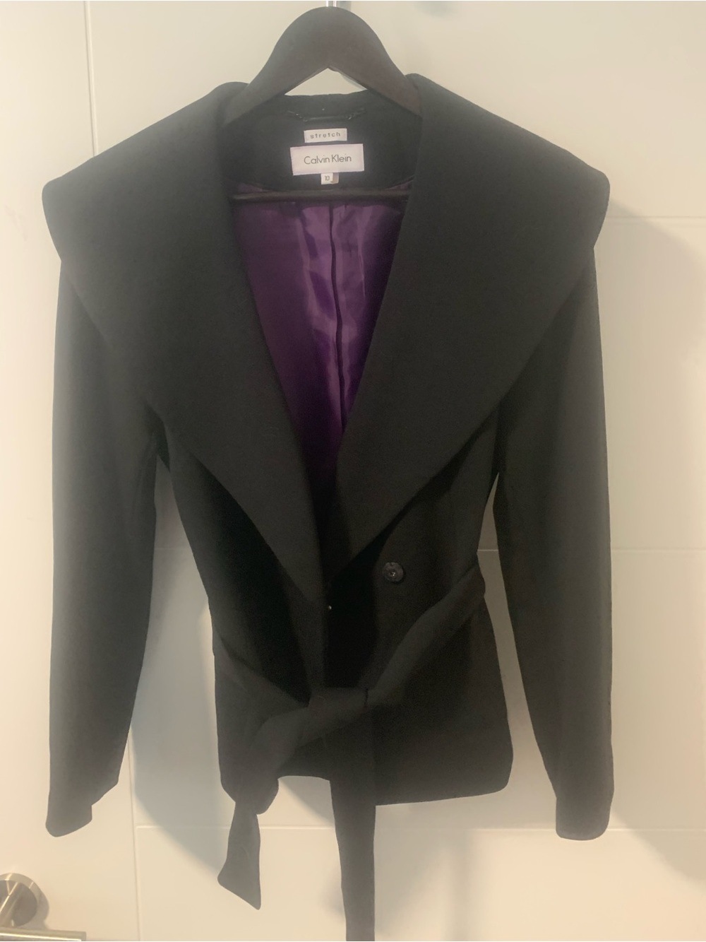 4/$20 Calvin Klein Black Wool-Blend Wrap Coat A16